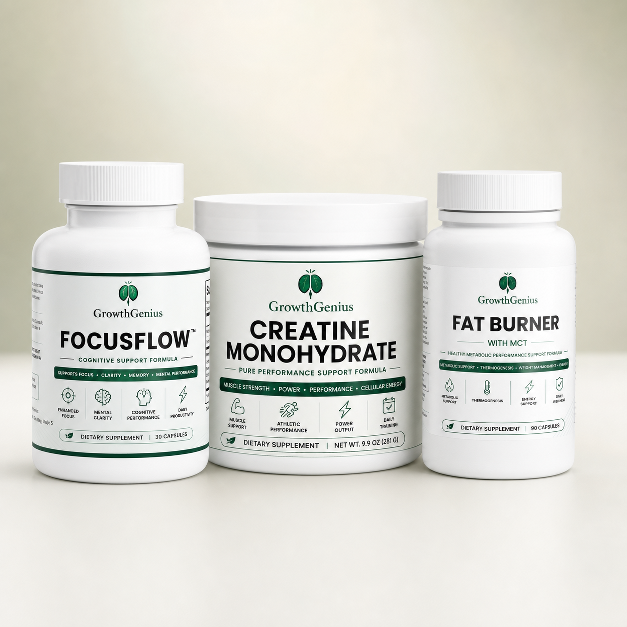 Full Growth Bundle featuring FocusFlow, Creatine Monohydrate, and Metabolic Burn