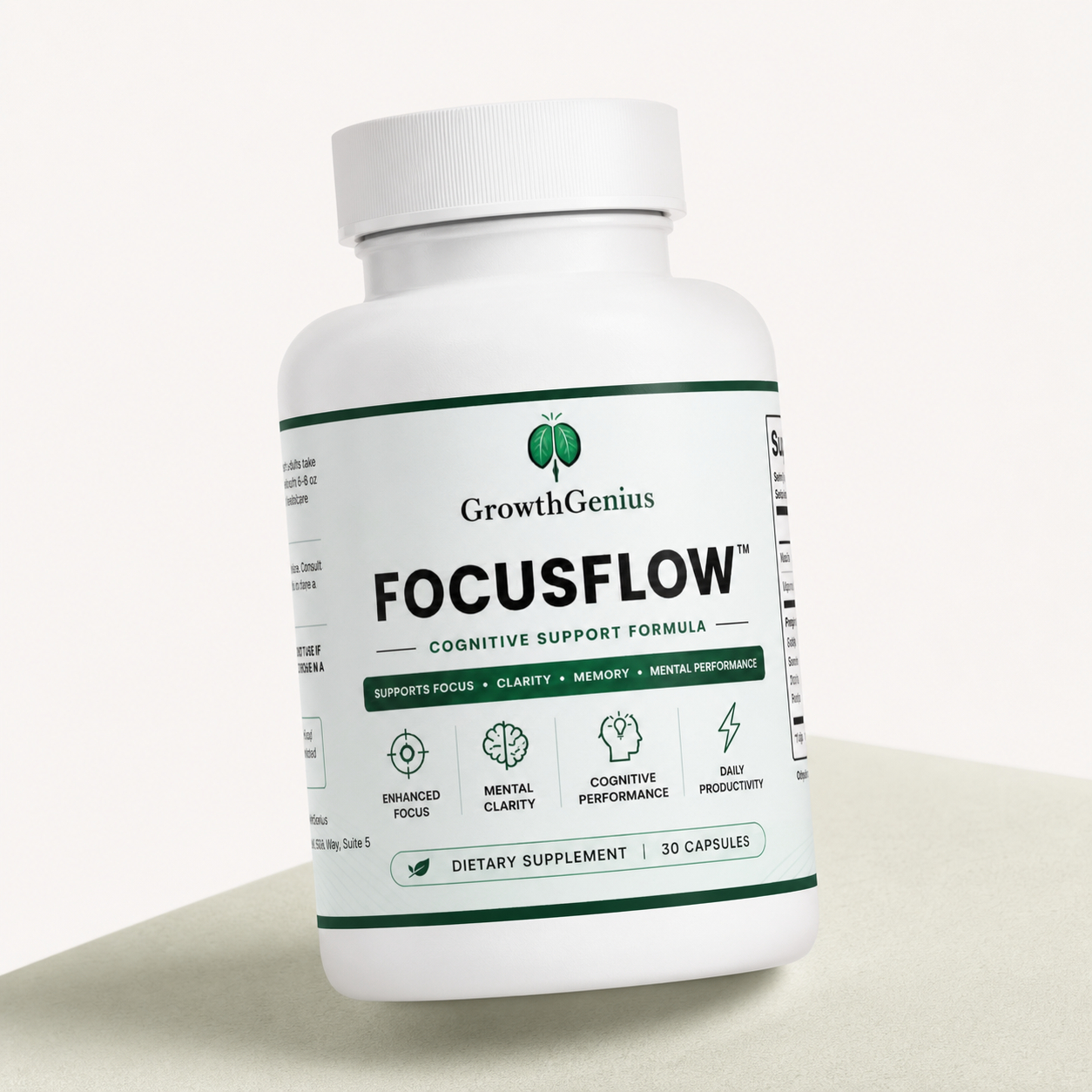 FocusFlow cognitive support bottle in a three-quarter angled studio view