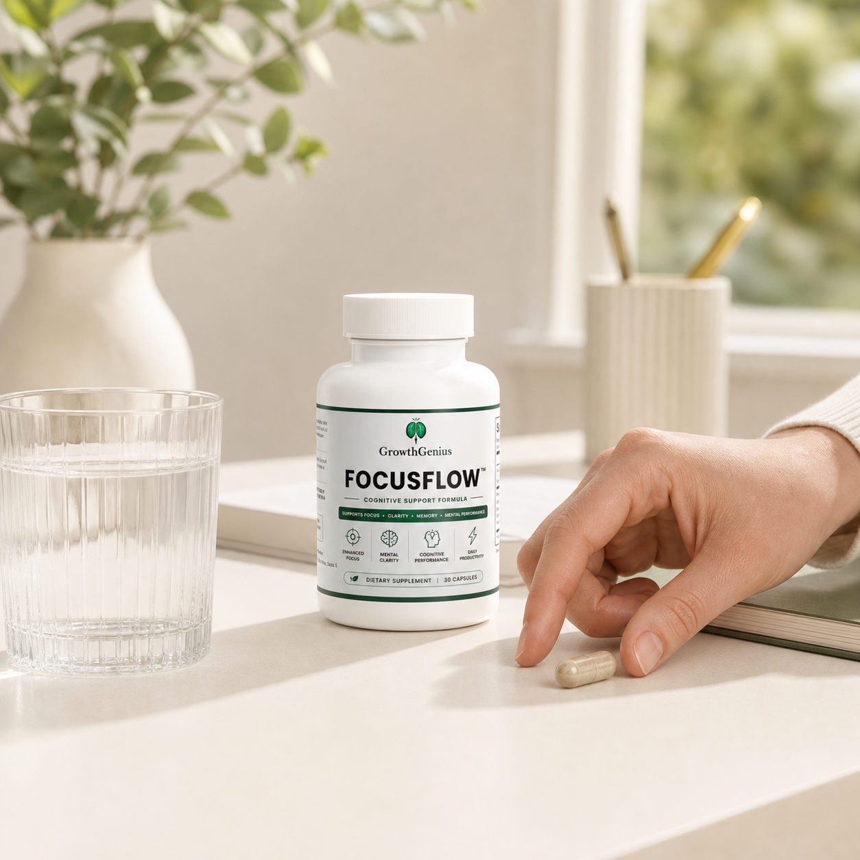 FocusFlow bottle, capsule and water in a bright morning work routine