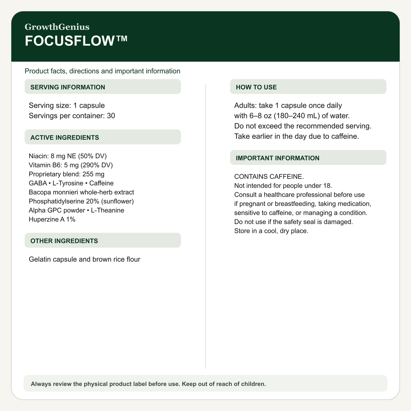 FocusFlow product facts, directions and caffeine warning